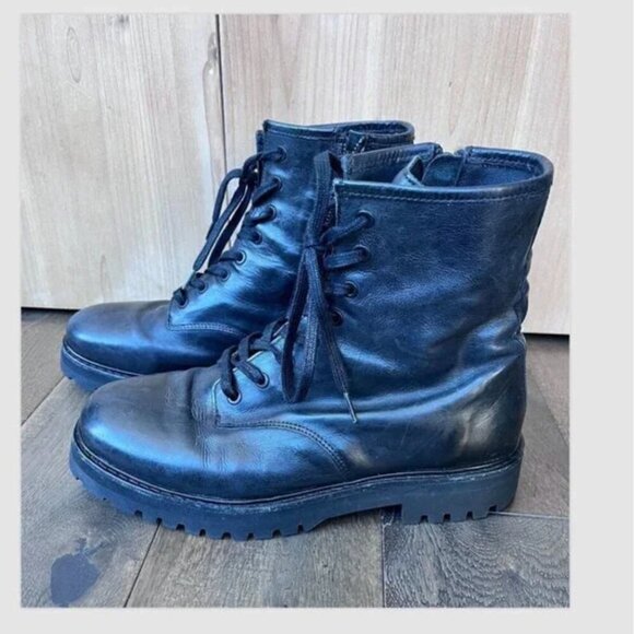 Thursday Black Leather Combat Boots Size 8.5 Lace-Up Side Zip Lug Sole Chelsea